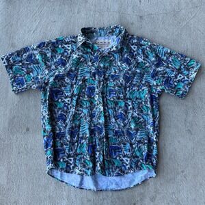 VTG 80s MAXX FM Mens Abstract Print Button Up Shirt Short Sleeve Size L Made USA